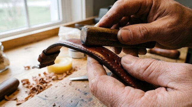 Close up of artisan hands crafting and smoothing a leather watch strap in workshop
