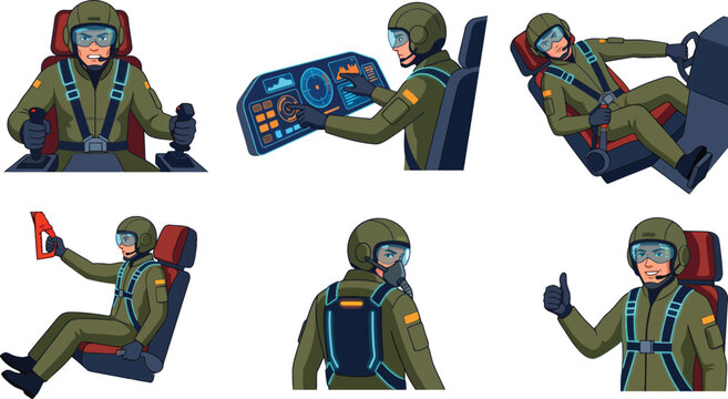 Military fighter pilot vector set, air force aviator characters in cockpit, jet pilot in flight suit and helmet illustrations for gaming and aviation