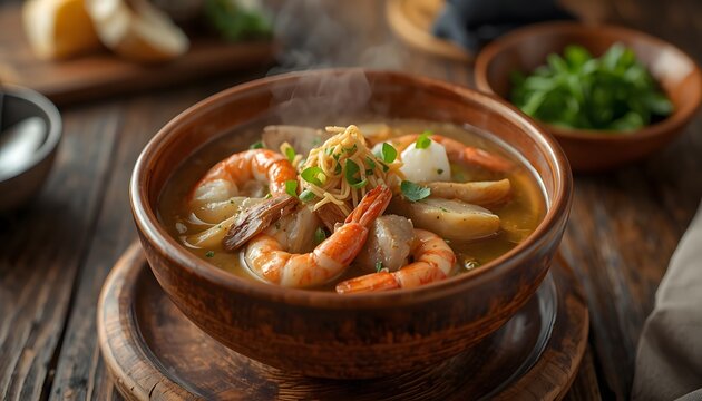 Steaming Hot Seafood Soup with Shrimp in a Earthenware Bowl.