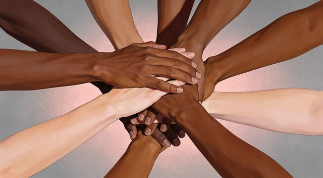 Diverse group of people stacking hands together as a symbol of unity and teamwork.