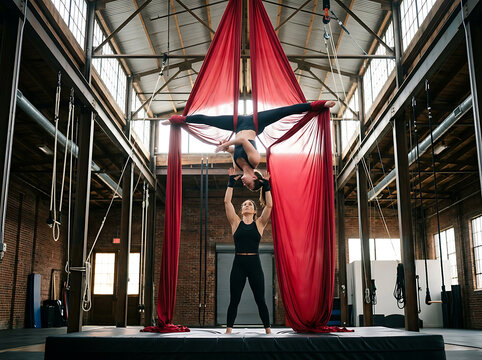 Aerial silk instructor guiding a student in a suspended performance routine inside an industrial warehouse