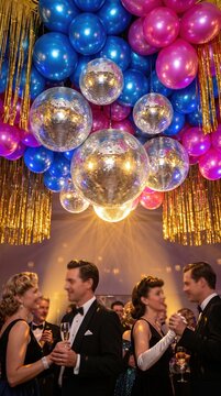 A decorated venue for an adult prom with a nostalgic feel, adorned with disco balls, streamers, and bright balloons.