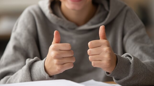 Exam preparation concept showing pleased faceless person crossing thumbs up in a study space while reviewing notes and papers for upcoming tests