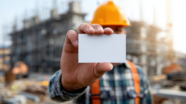 Faceless construction worker holding a blank card at a bright construction site during the day