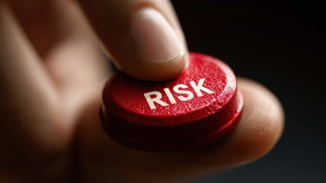 Close up view of a finger pressing a red button labeled risk while a person contemplates important decisions in a dark environment