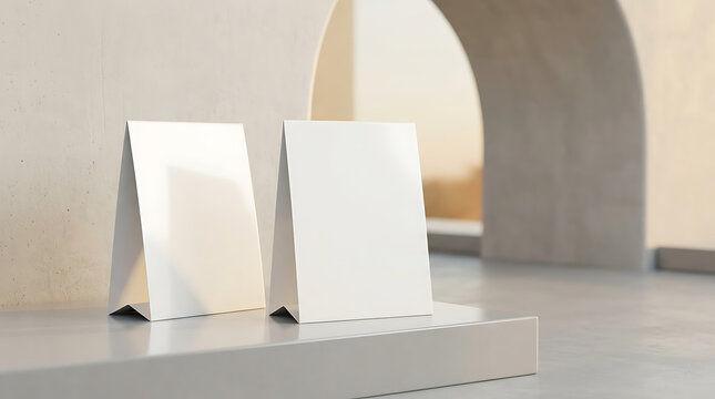 Blank White Table Tent Cards Mockup Displayed on Concrete Surface in Modern Architectural Interior Space