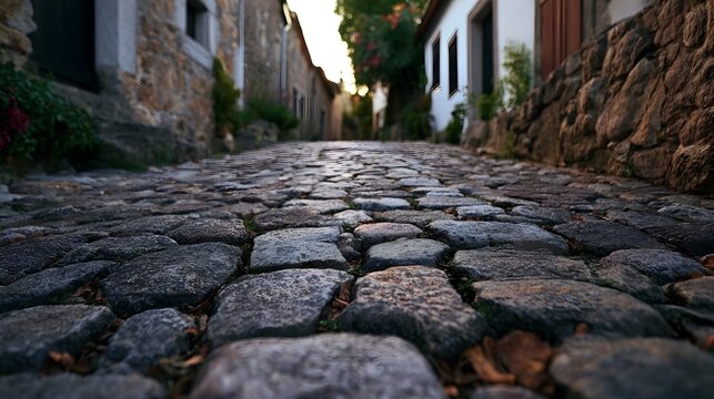 A narrow cobblestone street lined with old stone buildings and greenery under soft evening light