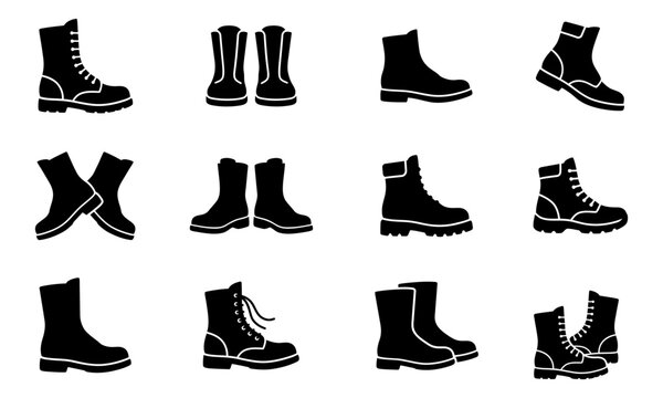 Military boots vector set, tactical combat footwear silhouettes for Veterans Day design