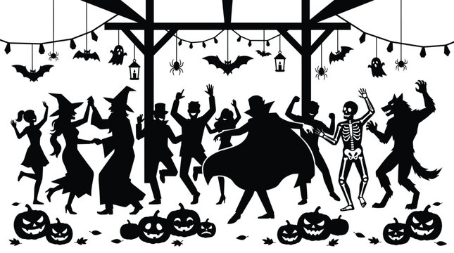 Festive Halloween party silhouettes featuring dancing people in costumes with spooky pumpkins and hanging bats decorations