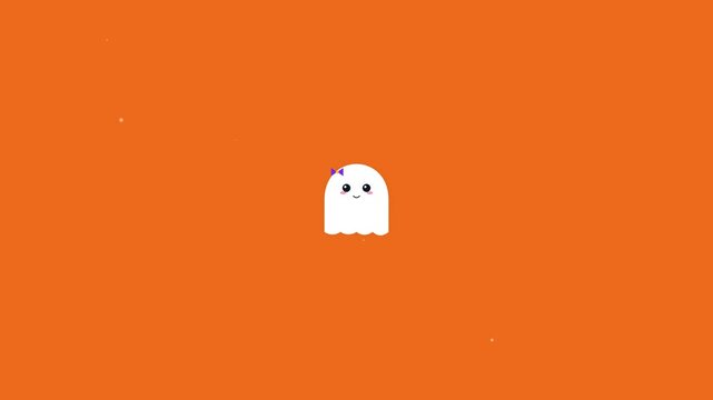 Ghost Character Floating with a Cute Purple Bow on an Orange Background for Halloween Design