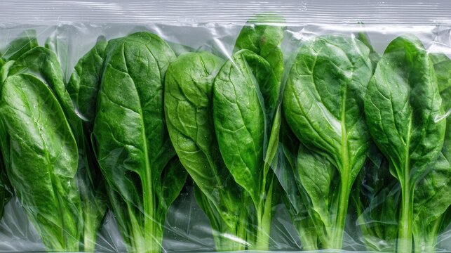 Spinach Pack Fresh green spinach leaves neatly arranged inside a transparent plastic packaging.