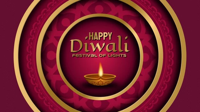 Luxury 4K looping Diwali video animation with glowing golden diya, gold circular frames, and 3D typography on rich maroon background. Ideal for premium event backdrops and ads.