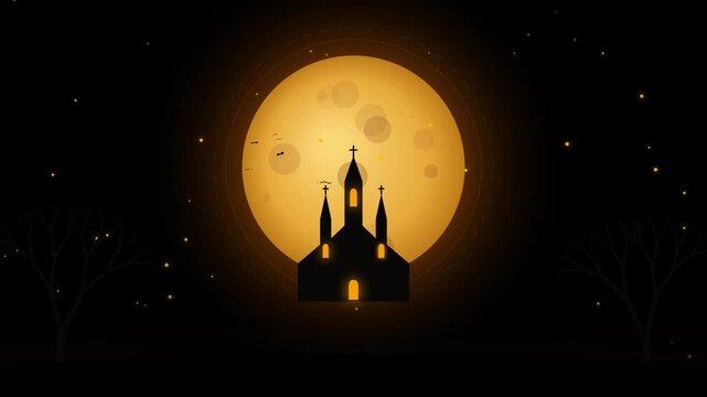 Silhouette of a church against a large full moon in a dark night sky