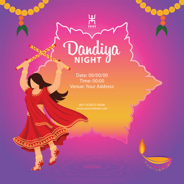 Happy Navratri Dandiya Night Celebration Post Design with character dancing in traditional lehnga illustration