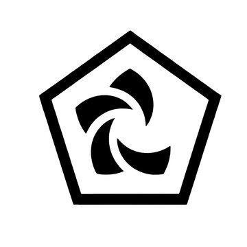 Futuristic Pentagon Shield Icon with Abstract Fan and Turbine Blades Vector Template, Cybersecurity, Renewable Energy, Engineering, and Tech Corporate Logo Design Symbol