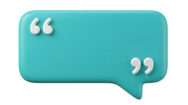 A simple teal speech bubble design featuring white quotation marks is isolated on a clean white backdrop representing messaging and communication ideas