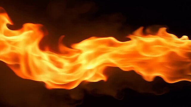Horizontal stream of bright orange fire and burning flames isolated on black background