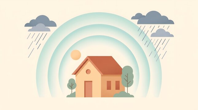 A small house protected by a circular shield from rain and storm clouds.