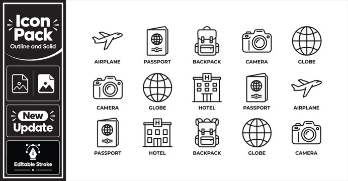 Outline vector travel icon collection featuring airplane, passport, backpack, camera, globe, and hotel for various journey and vacation related designs.