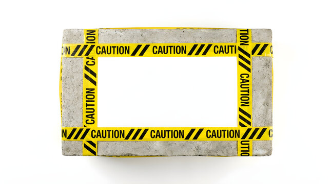 Concrete brick wrapped in yellow caution tape, industrial construction danger boundary frame isolated on white background