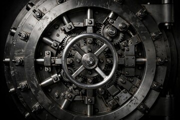 Obraz premium Large round bank vault door with metal gears, secure banking concept