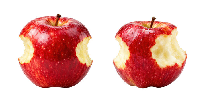 Two red apples with multiple bite marks isolated on a clean white background, showing fresh juicy flesh and glossy skin in a healthy snack and food concept.