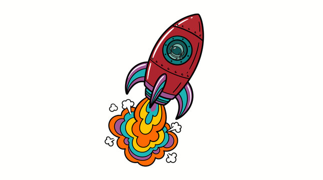 Vibrant cartoon illustration of a red rocket launching into space with colorful smoke trails and a dynamic upward motion.