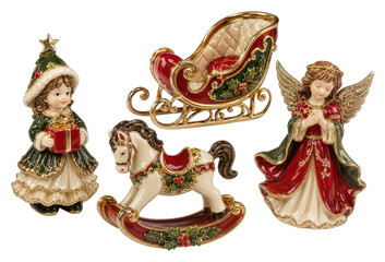 Obraz premium PNG Festive porcelain Christmas figurines and rocking horse decor