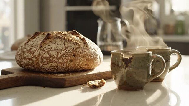 Fresh sourdough bread loaf with steaming coffee on counter.