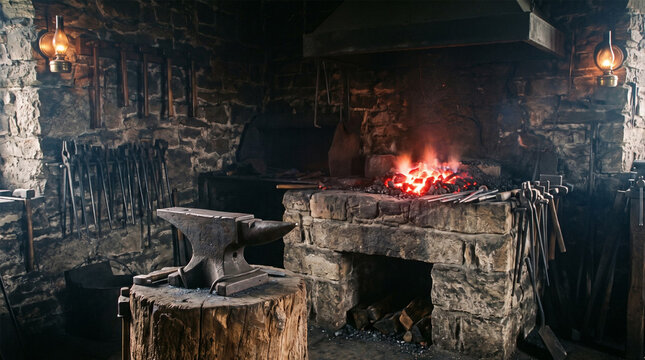 Rustic Blacksmith Workshop with Traditional Anvil Hammer and Glowing Coal Forge Fire