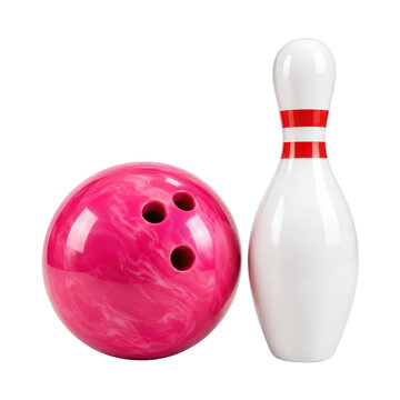 Pink bowling ball with a single white bowling pin isolated on a clean white background, featuring glossy surfaces and a simple studio composition for sports, recreation, competition, and leisure conce