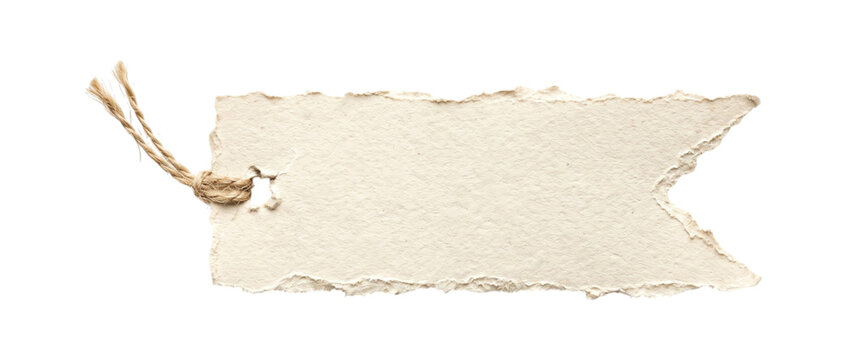 Rustic torn paper gift tag with jute twine string on transparent background.