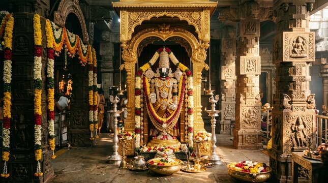 Decorated shrine altar with religious statue inside ornate temple interior with richly carved temple