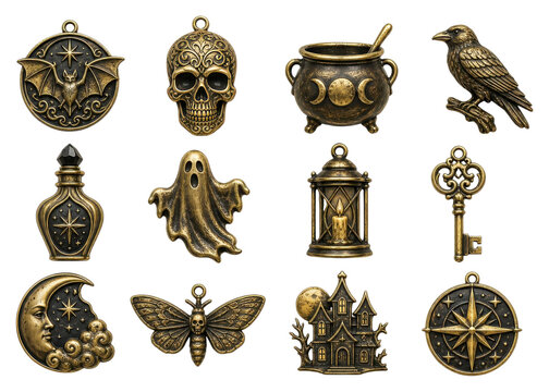 PNG Vintage brass occult charms and gothic decorative icons set
