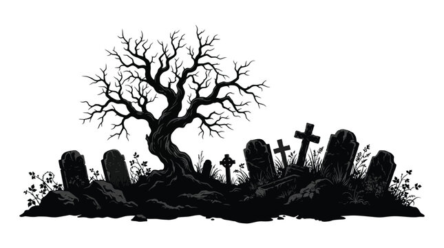 Spooky graveyard vector graphic illustration with gnarled bare tree silhouettes and eerie old stone tombstones