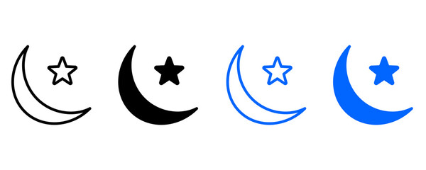  Modern Minimal Crescent Moon and Star Night Icon Set. High Resolution 2D Outline and Solid Blue Lunar Sleep Astronomy Sky UI Vector Icons Collection. © SUAN ARTS STUDIO