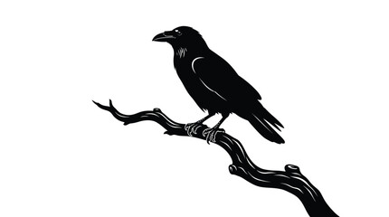 Fototapeta premium Black raven vector illustration perches on a curved tree branch, showcasing clean lines and minimalist design elements