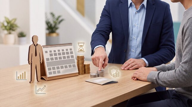 Business advisor discussing financial savings and insurance plan with a client at office wooden desk