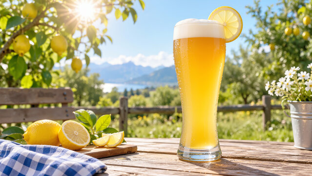 Refreshing Cold Lemon Radler Shandy Beer in a Tall Glass on a Rustic Wooden Table with Sunny Alpine Landscape