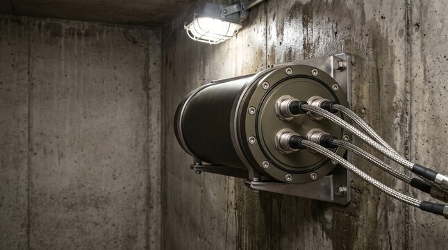 Submersible ip68 rugged smart grid iot telemetry gateway pressure vessel with braided sensor leads bolted to concrete wall inside underground utility power distribution vault chamber