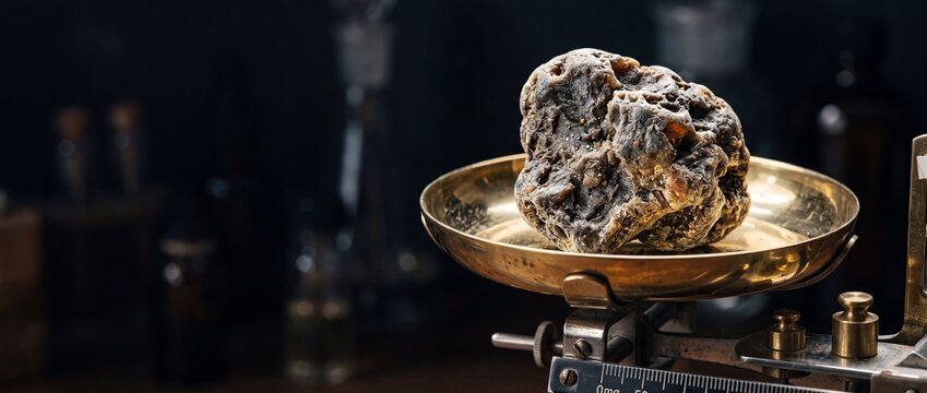 Raw ambergris piece placed on vintage brass balance scale pan inside laboratory dark background.
