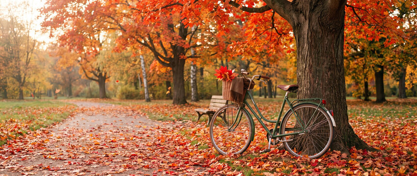 Vintage bicycle leaning against a maple tree in an autumn park  