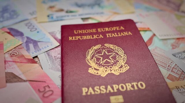 Italian Passport With Various International Banknotes