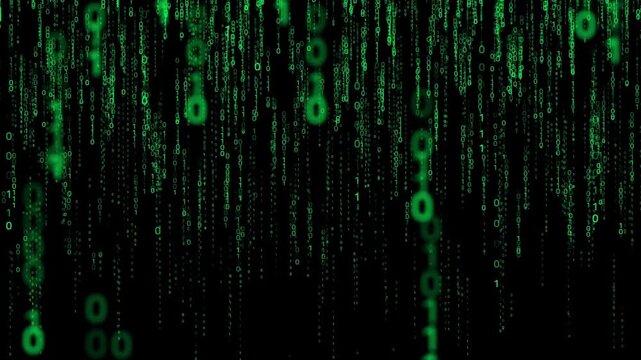 Falling Digital Binary Numbers on Black Background, Cascading Code Animation for Technology Concepts, Cybersecurity Themes, Data Visuals, Digital Interfaces and Futuristic Media Projects