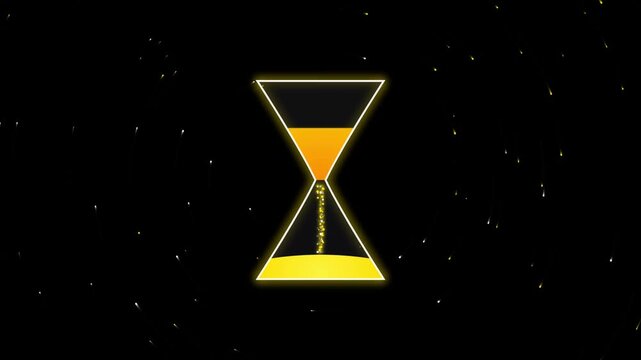 Glowing hourglass with golden sand particles falling in dark space background