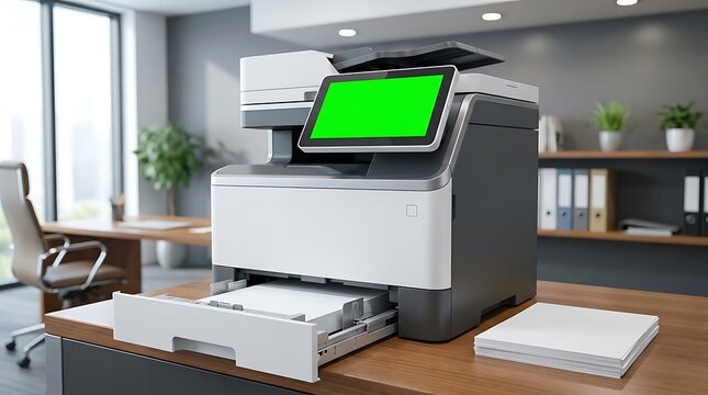 Modern multifunction printer featuring a green screen display on wooden desk in office