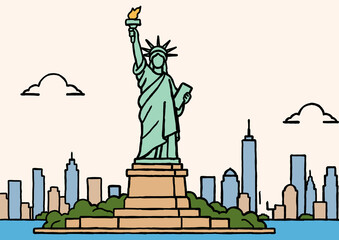 Hand Drawn Statue of Liberty and New York City Skyline Illustration © esra