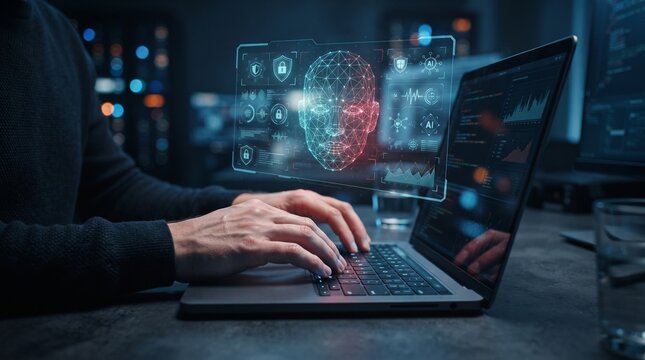 Software developer working on laptop computer with futuristic facial recognition biometric artificial intelligence security screen overlay