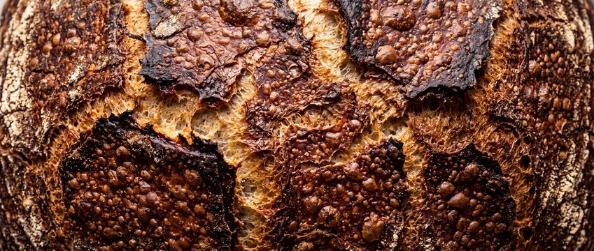Rustic sourdough bread loaf featuring dark charred crust with airy golden crumb for bakery design.