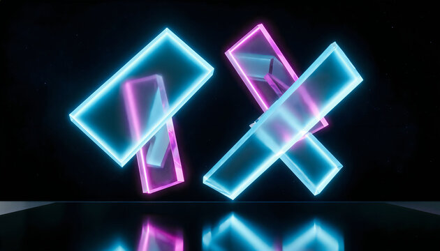 Abstract composition of floating glass rectangles with blue and purple neon light edges rectangle abstract floating